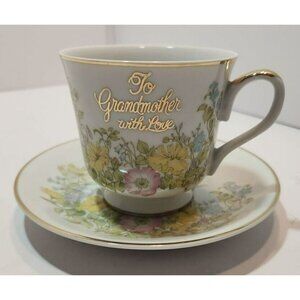 Vtg "To Grandmother With Love" Tea Cup & Saucer Yellow/Pink Flowers Gold Letter